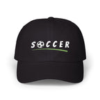 Black cap with an embroidered Soccer text and soccer ball.