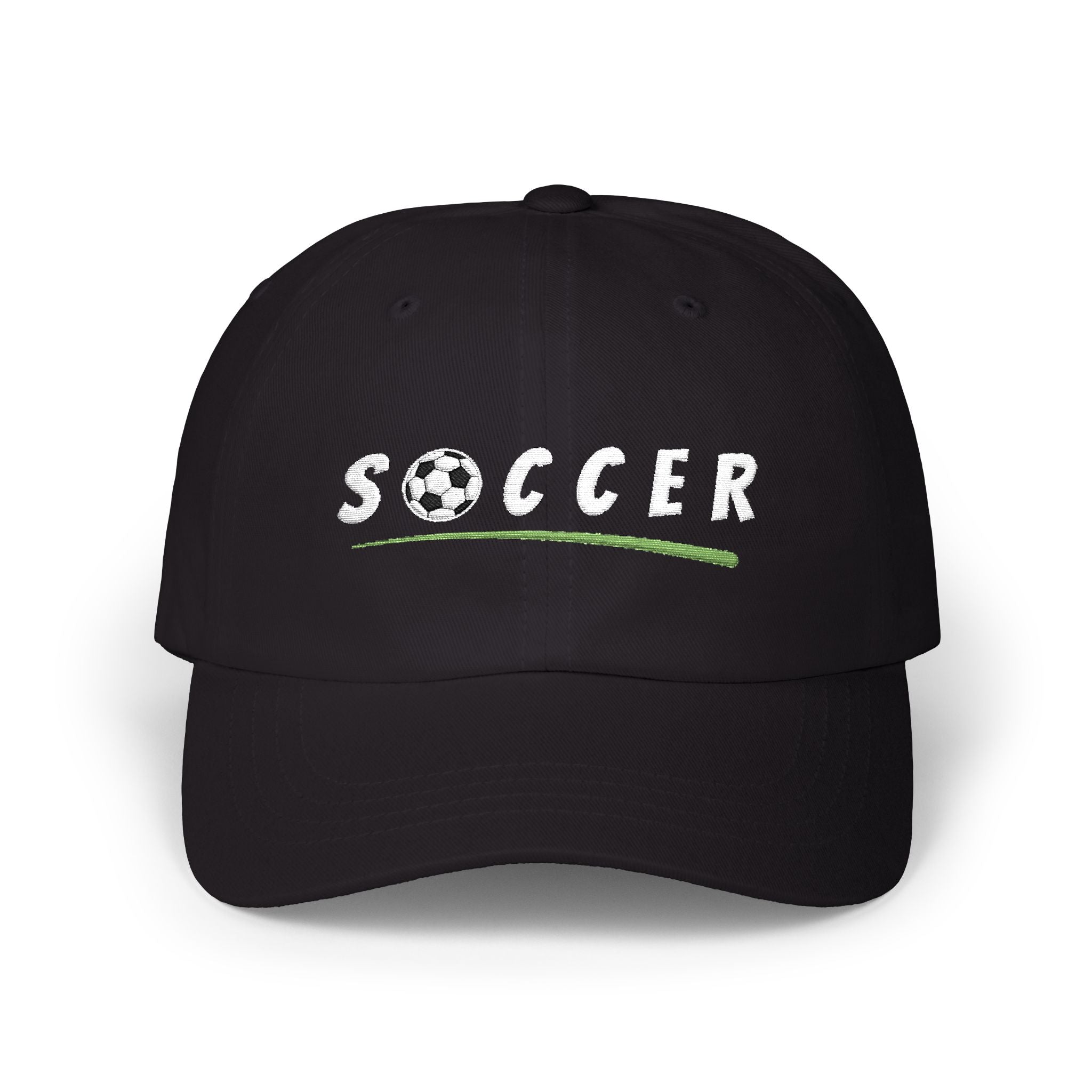 Black cap with an embroidered Soccer text and soccer ball.