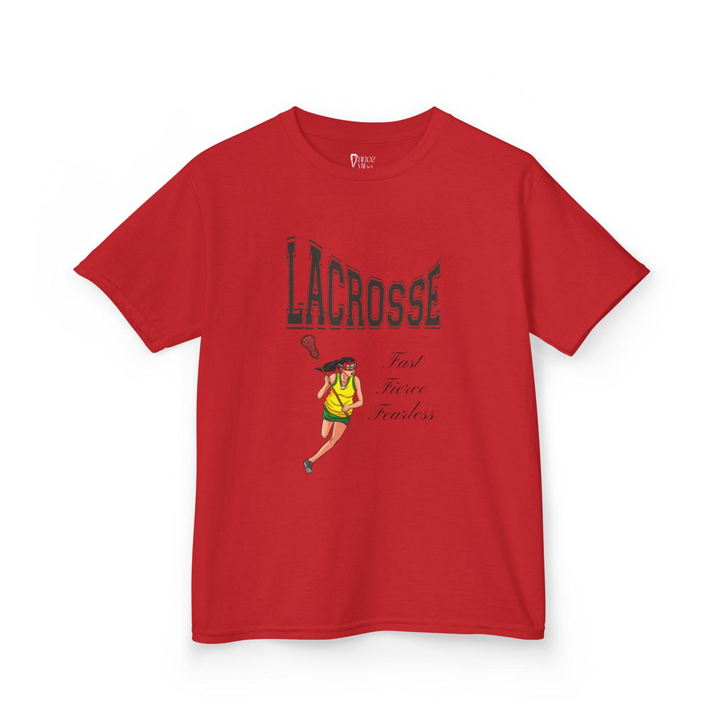 Front view of a youth Gildan 5000B heavy cotton t-shirt in red with a Girls Lacrosse theme