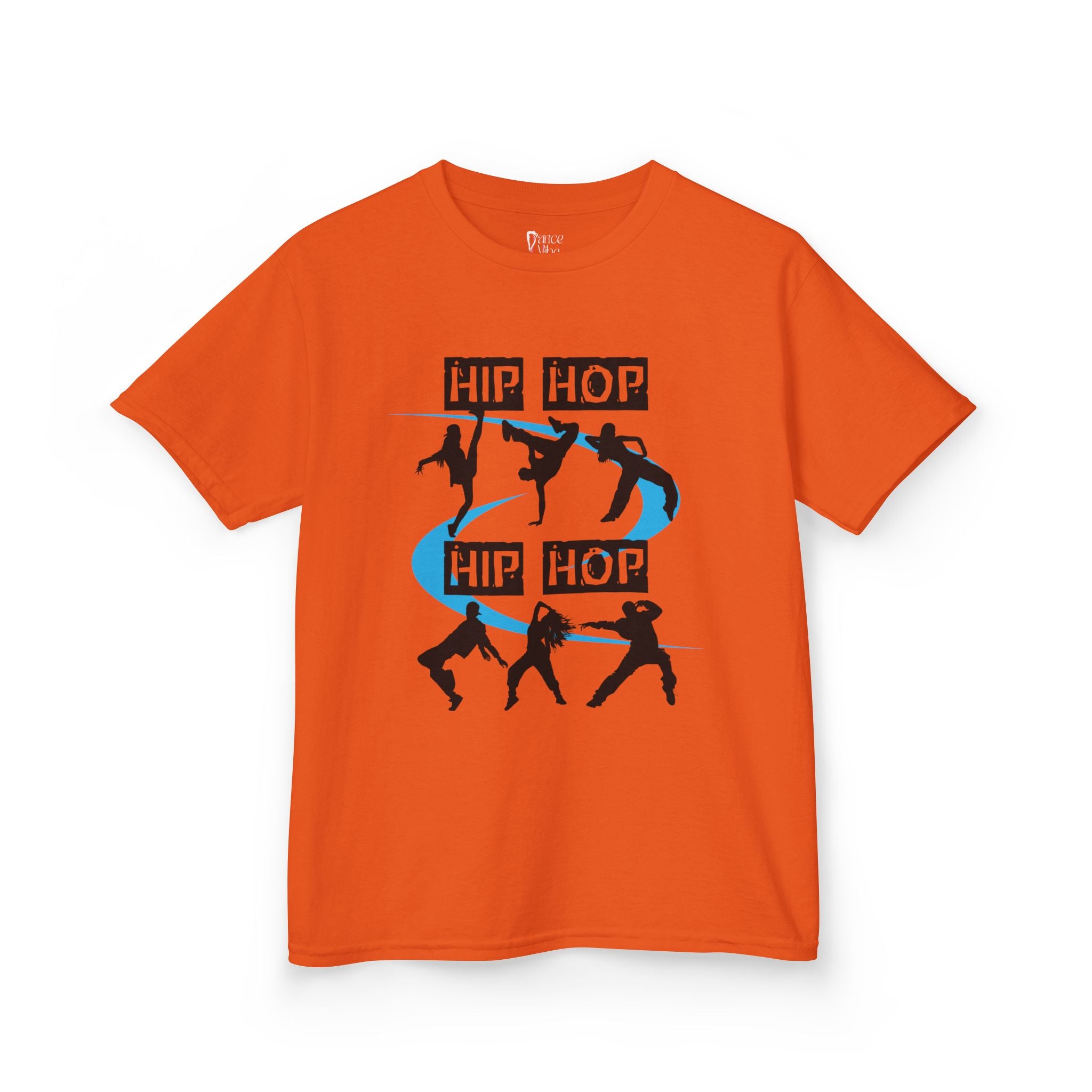 Front view of a youth Gildan 5000B heavy cotton t-shirt in orange with a Hip Hop text and dancers