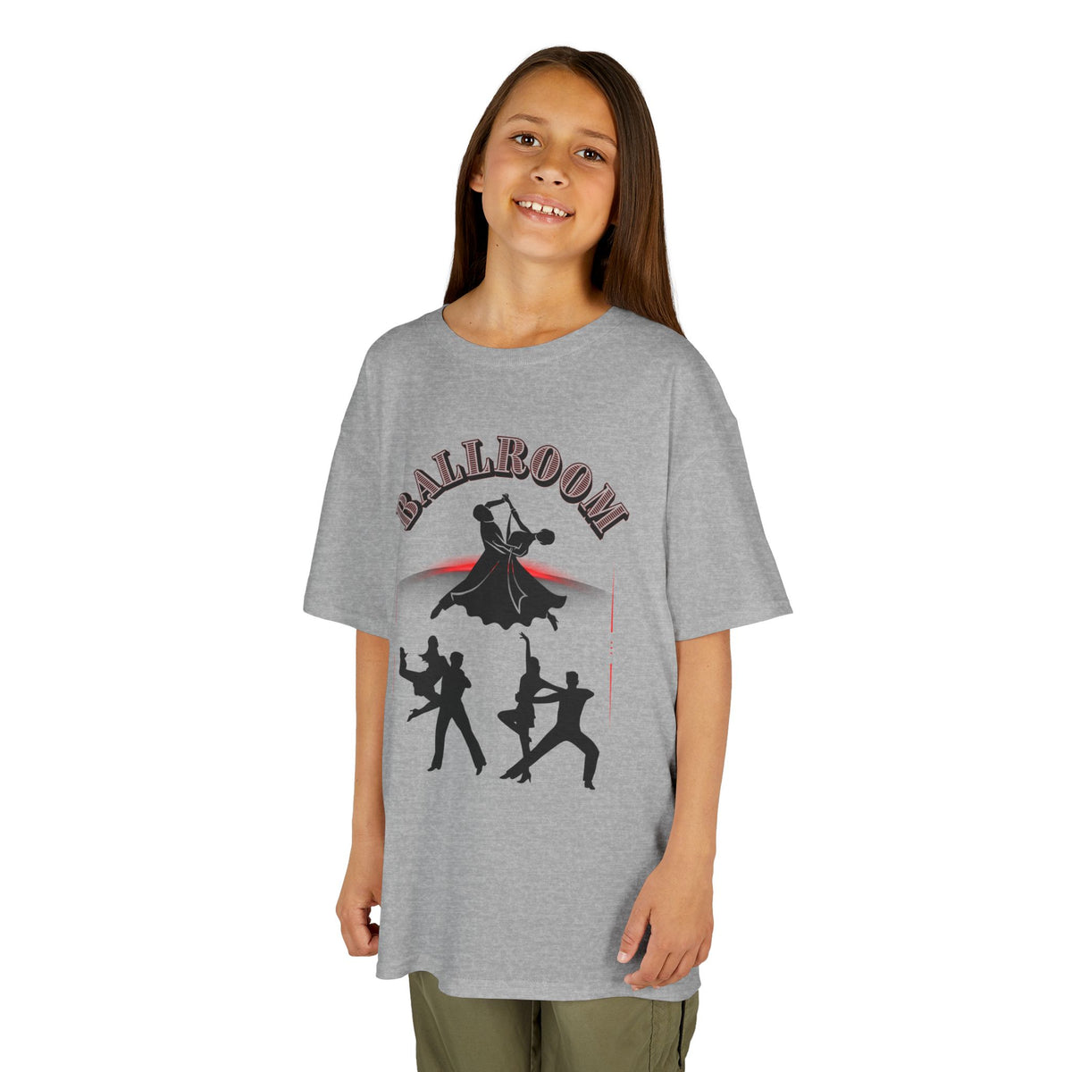 Young girl wearing a youth Gildan 5000B heavy cotton t-shirt in sport grey with a Ballroom Dance Couples theme