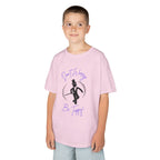 Front view of a youth Gildan 5000B heavy cotton t-shirt in light pink with a Don't Worry Be Tappy Tap theme