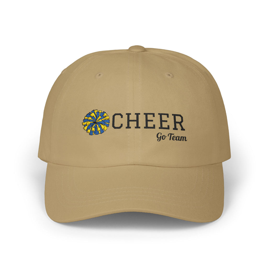 Khaki embroidered classic dad cap hat with a Cheer text and graphic Front view