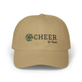 Khaki embroidered classic dad cap hat with a Cheer text and graphic Front view