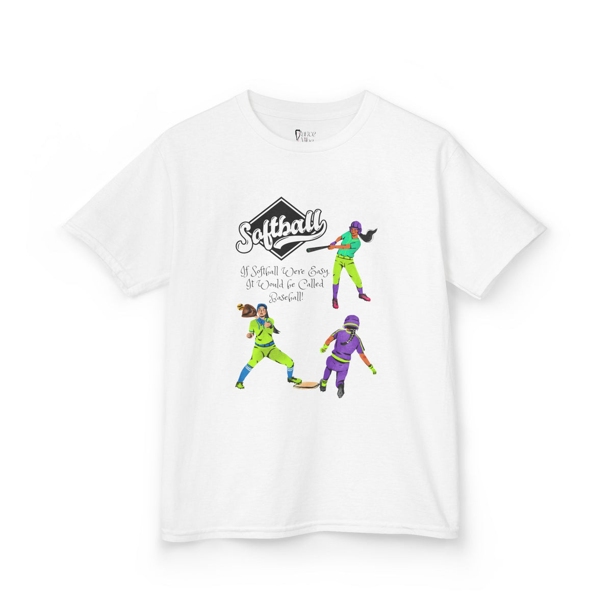Front view of a youth Gildan 5000B heavy cotton t-shirt in white with a Softball text and graphic