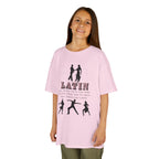 Young girl wearing a youth Gildan 5000B heavy cotton t-shirt in light pink with a Latin Dance Style theme