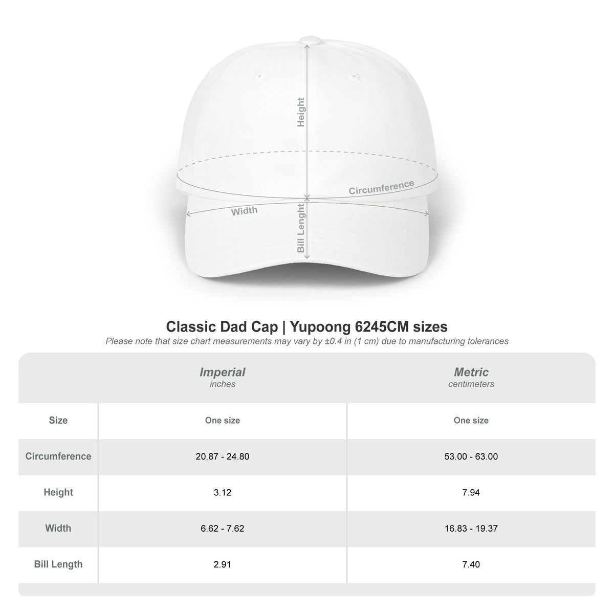 Classic Dad Cap Yupoong Size Chart