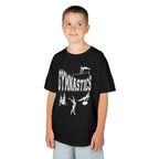Young boy wearing a youth Gildan 5000B heavy cotton t-shirt in black with a gymnastics text and graphic