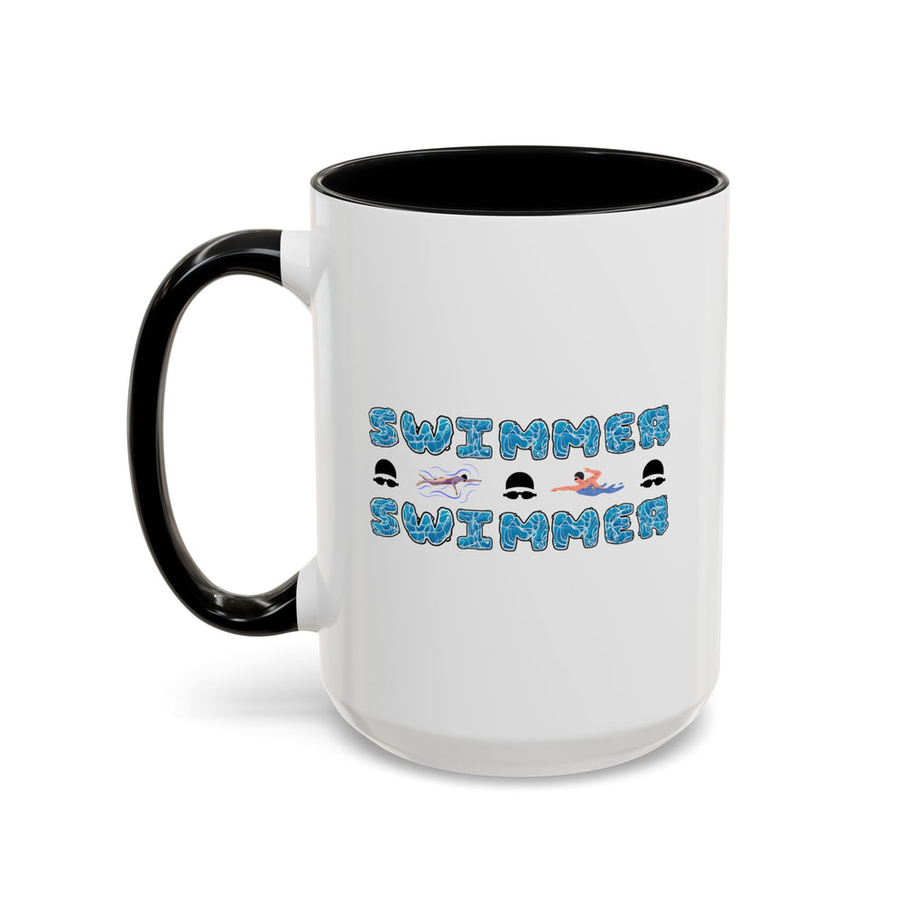 15oz white ceramic Swimmer mug with black handle and interior Left handed view
