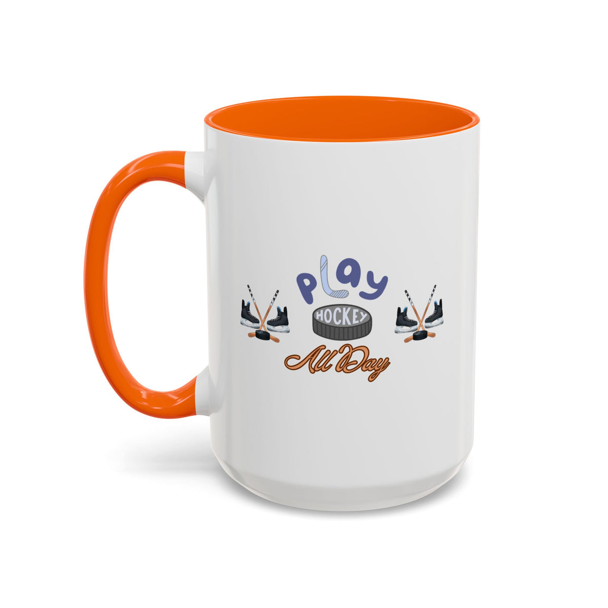 15oz white ceramic Ice Hockey Play All Day mug with orange handle and interior Left handed view