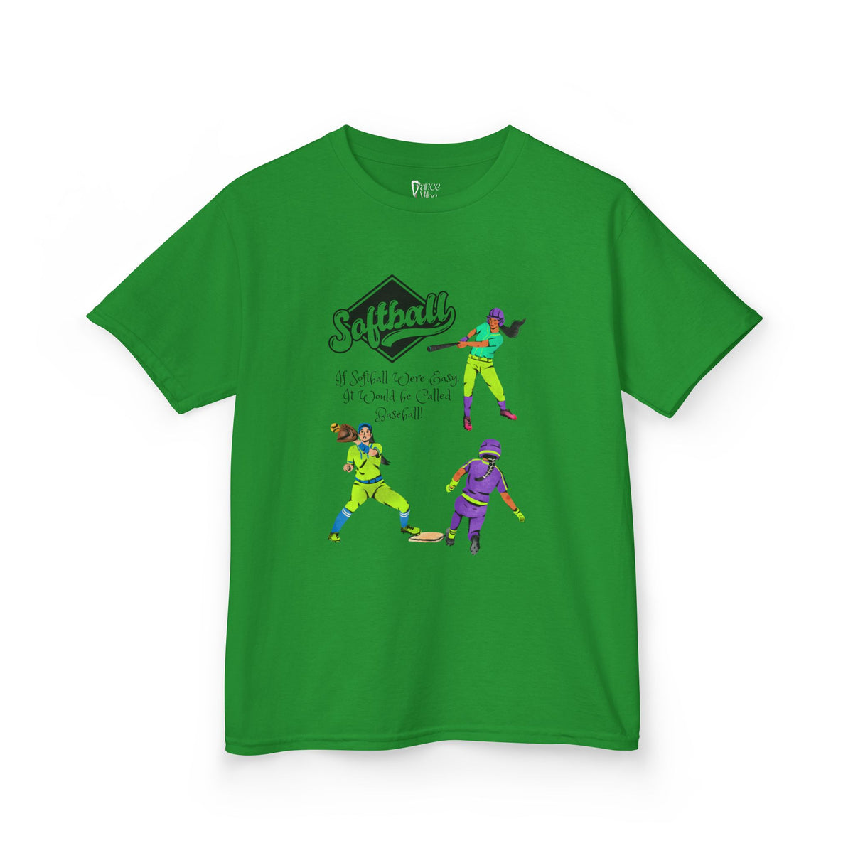 Front view of a youth Gildan 5000B heavy cotton t-shirt in irish green with a Softball text and graphic
