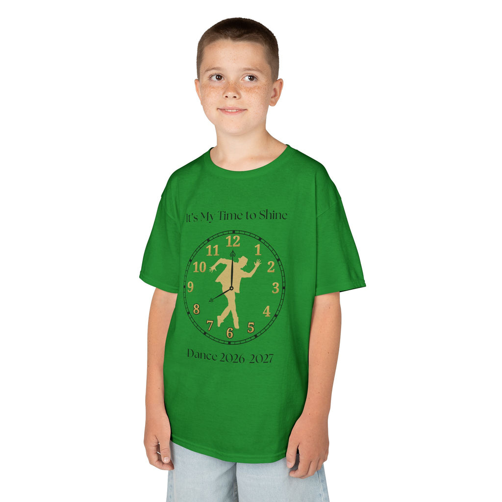 Young boy wearing a youth Gildan 5000B heavy cotton t-shirt in irish green with a Male Broadway Dancer 2026-2027 design