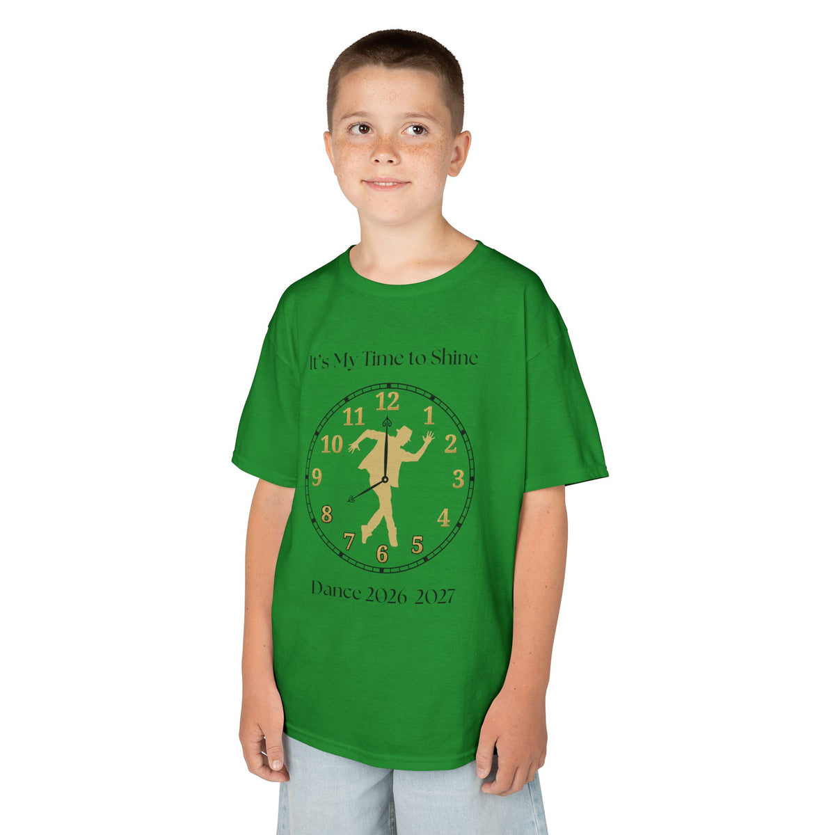 Young boy wearing a youth Gildan 5000B heavy cotton t-shirt in irish green with a Male Broadway Dancer 2026-2027 design