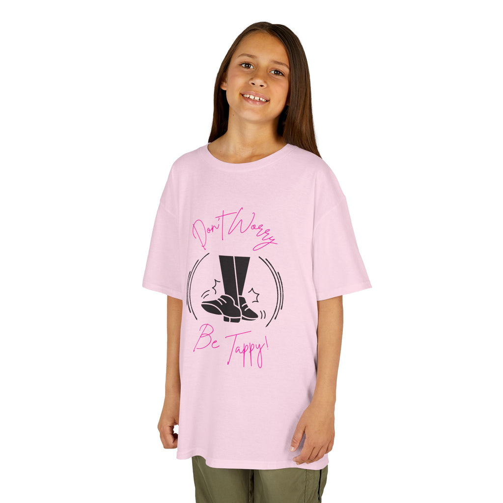 Young girl wearing a youth Gildan 5000B heavy cotton t-shirt in light pink with a Don't Worry Be Tappy Tap Shoe design
