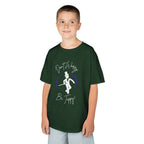 Front view of a youth Gildan 5000B heavy cotton t-shirt in forest green with a Don't Worry Be Tappy Tap theme