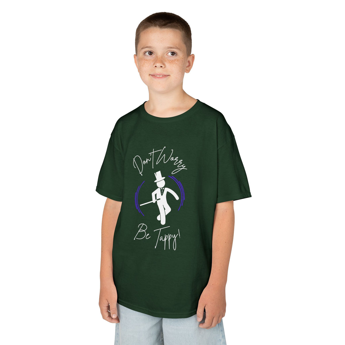 Front view of a youth Gildan 5000B heavy cotton t-shirt in forest green with a Don't Worry Be Tappy Tap theme