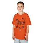 Young boy wearing a youth Gildan 5000B heavy cotton t-shirt in orange with a gymnastics text and graphic