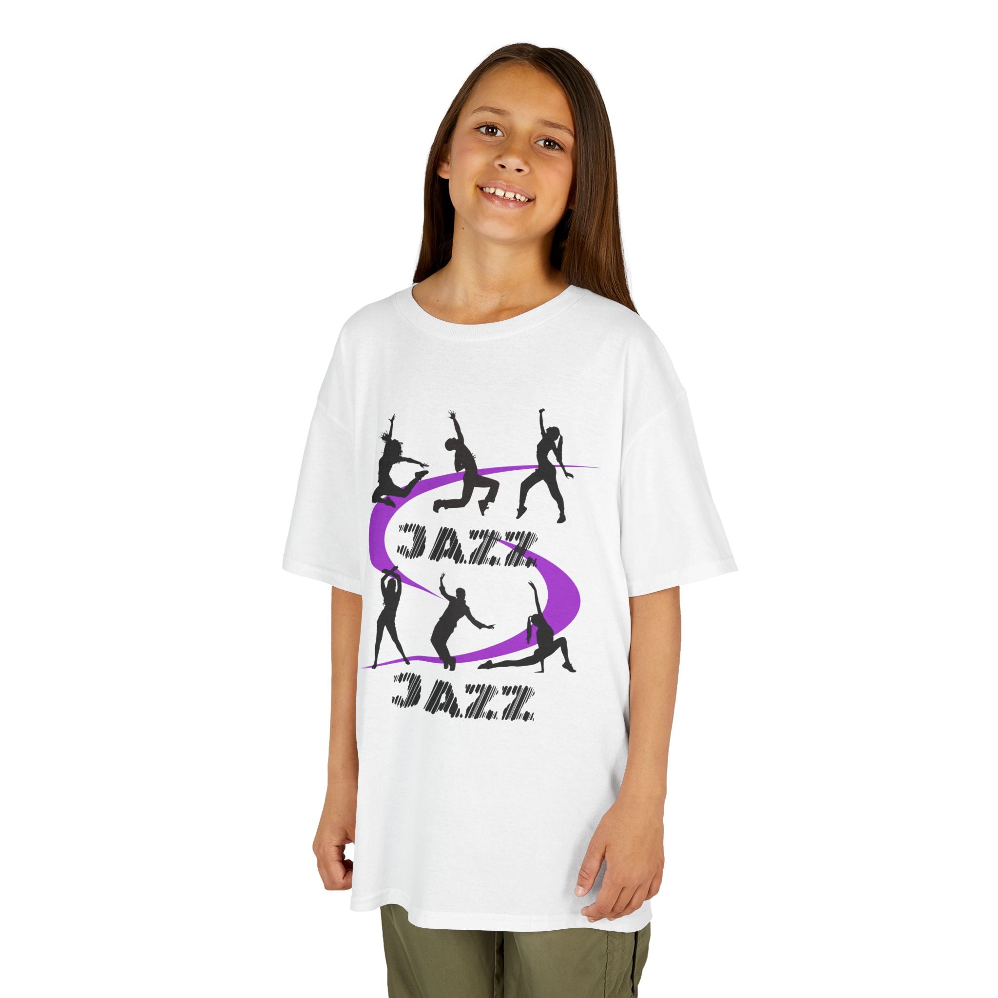 Young girl wearing a youth Gildan 5000B heavy cotton t-shirt in white with a Jazz Dance text and graphic