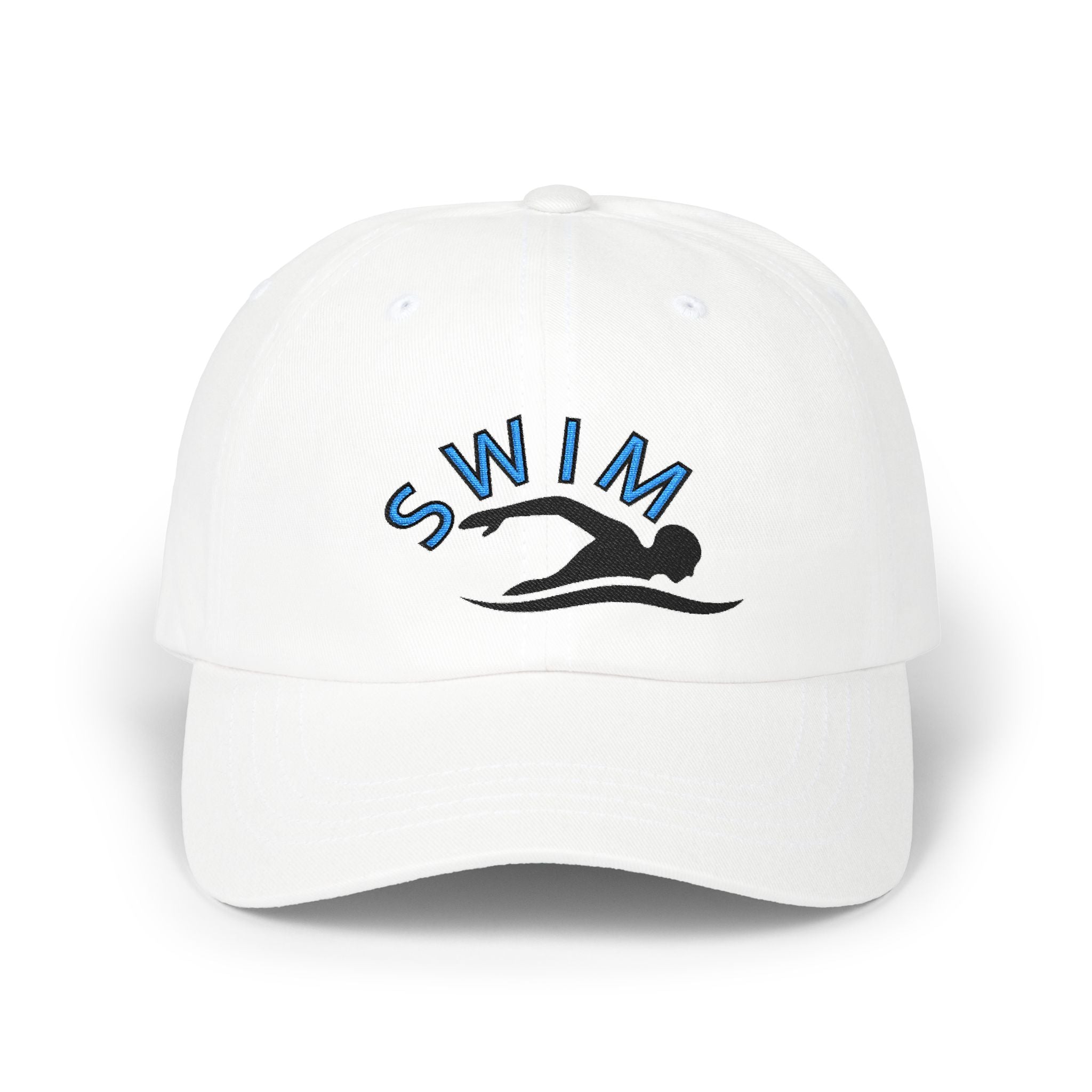 White embroidered classic dad cap hat with a Swim text and graphic Front view