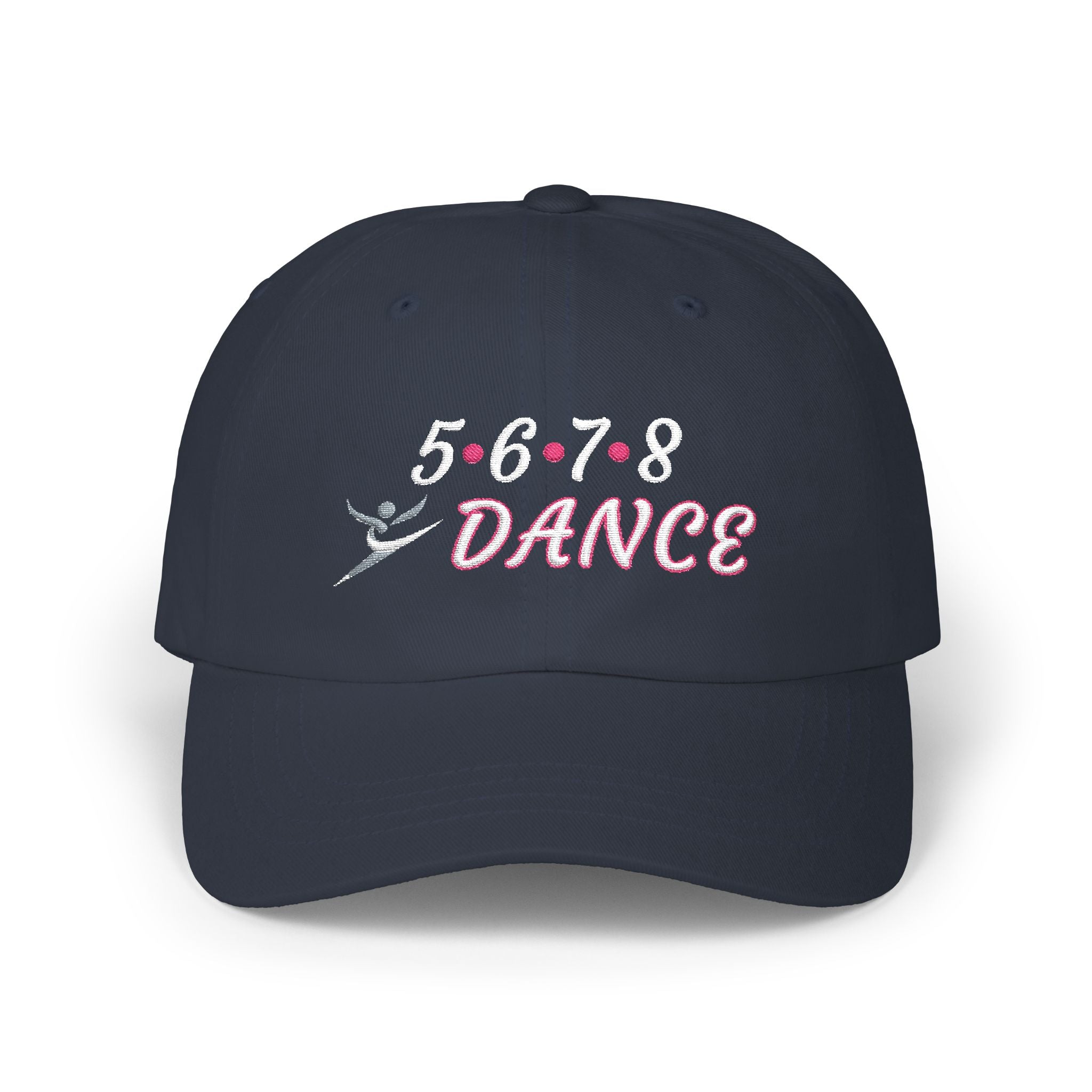 A navy baseball cap featuring the text 5-6-7-8 DANCE embroidered on the front, with a small dancer silhouette at the bottom.