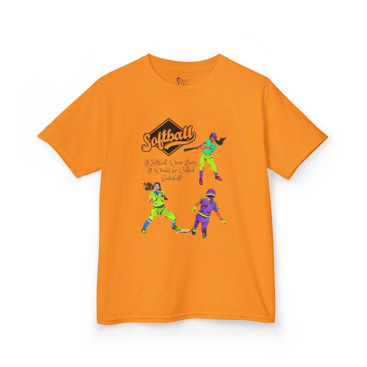 Front view of a youth Gildan 5000B heavy cotton t-shirt in tennessee orange with a Softball text and graphic