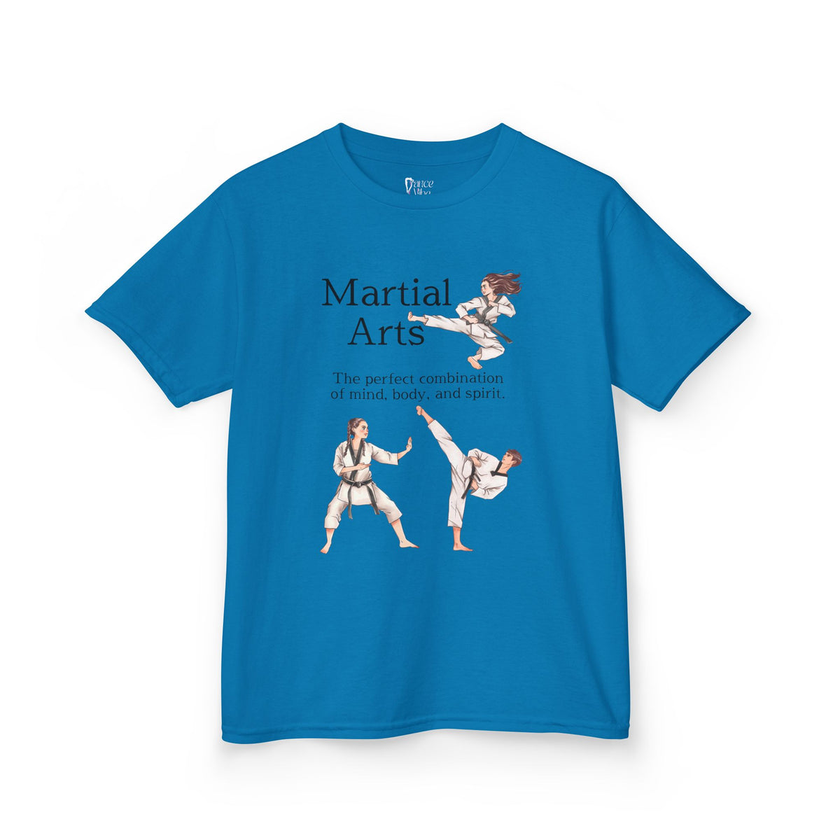 Front view of a youth Gildan 5000B heavy cotton t-shirt in sapphire with a Martial Arts text and graphic