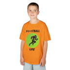 Young boy wearing a youth Gildan 5000B heavy cotton t-shirt in tennessee orange with a Football Life text and graphic