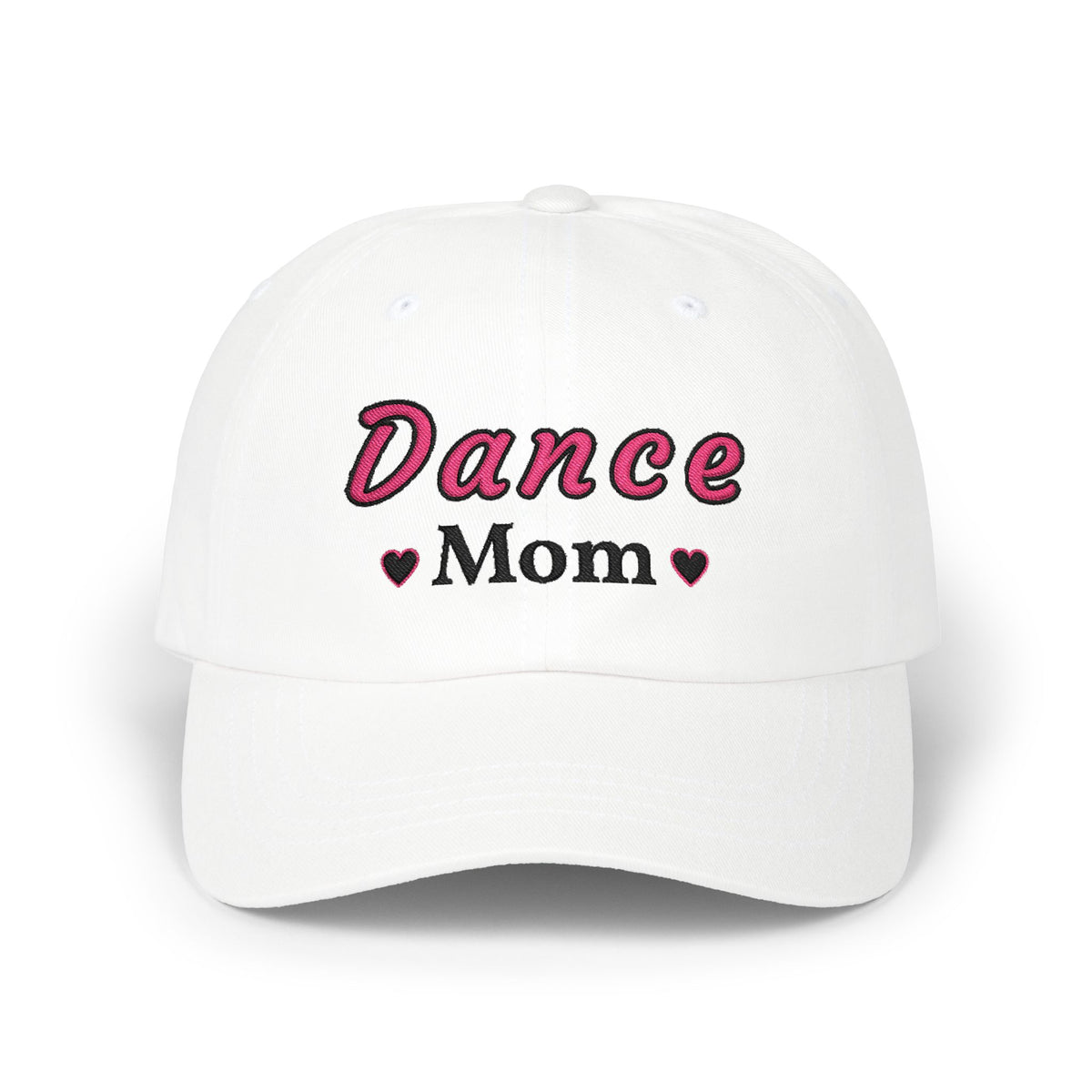 A white baseball cap featuring the embroidered text Dance Mom on the front. 