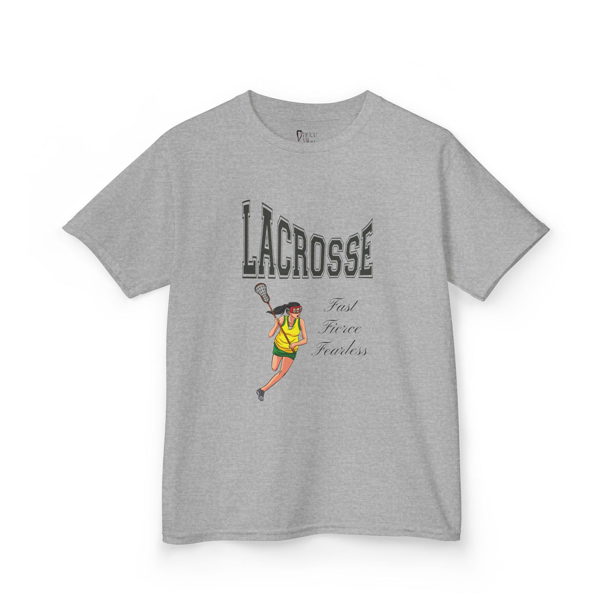 Front view of a youth Gildan 5000B heavy cotton t-shirt in sport grey with a Girls Lacrosse theme
