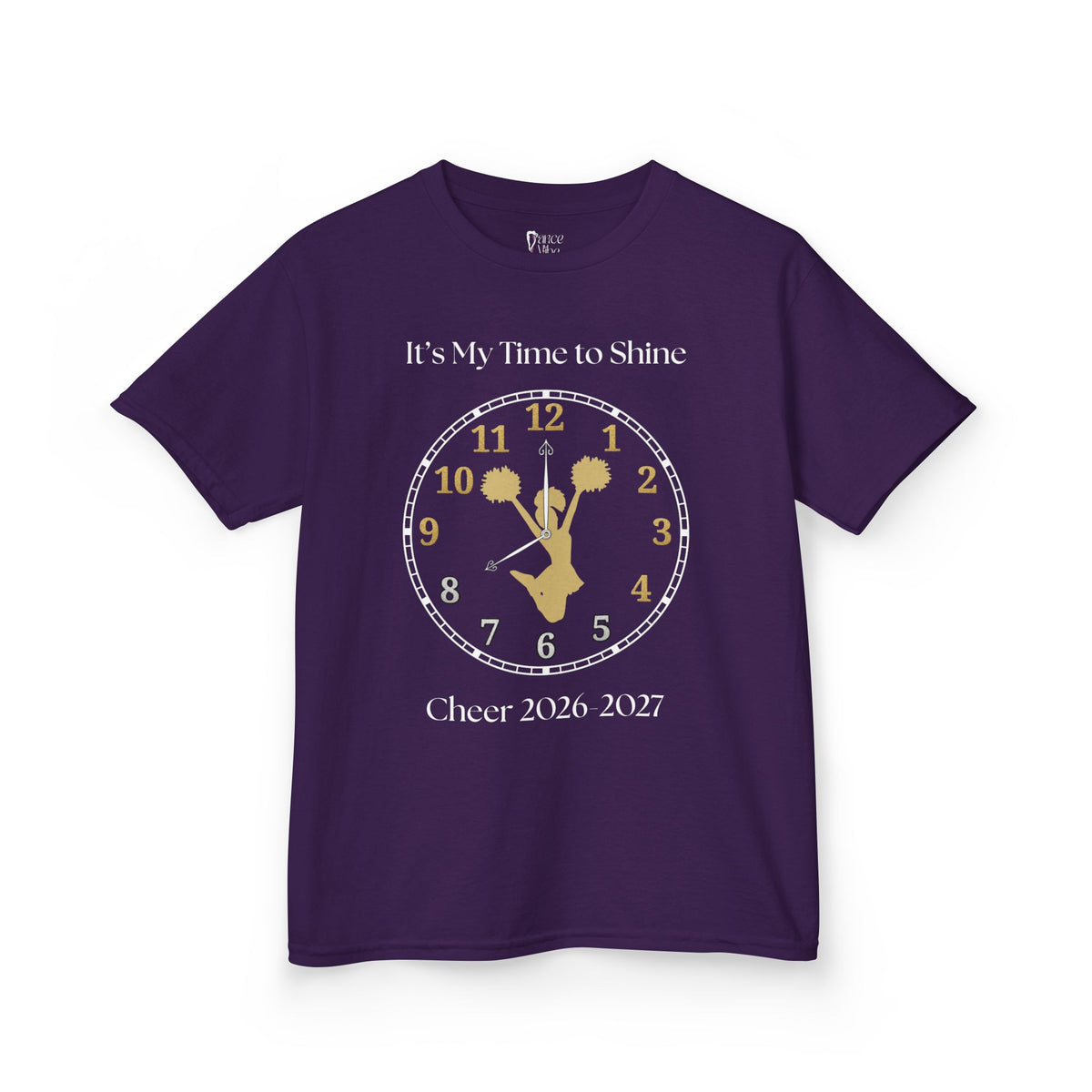 Front view of a youth Gildan 5000B heavy cotton t-shirt in purple with an It's My Time to Shine Cheer 2026-2027 theme