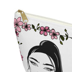 Stage Ready make up bag with floral design and face illustration on a white background white zipper close up