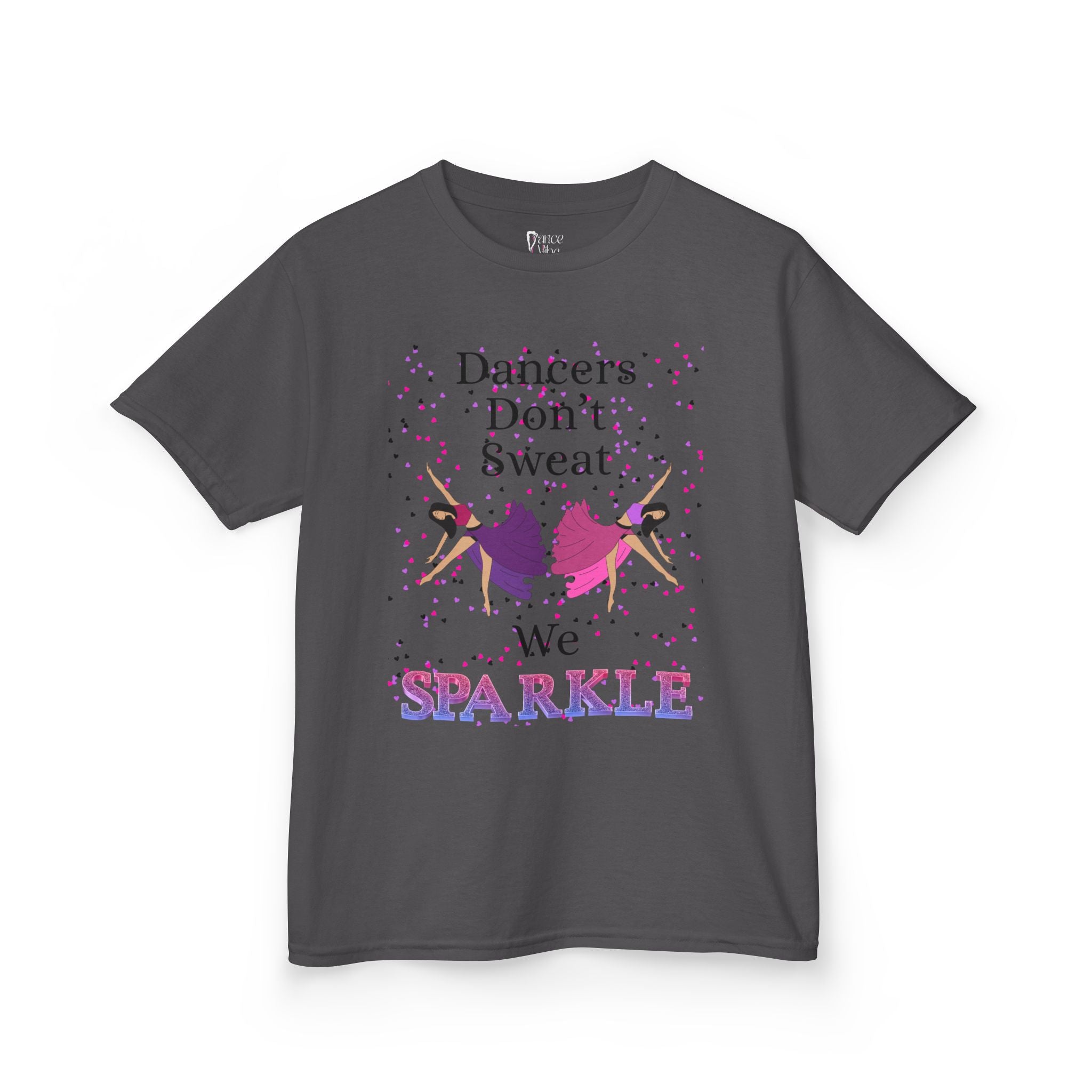 Front view of a youth Gildan 5000B heavy cotton t-shirt in charcoal with a Dancer's Don't Sweat We Sparkle text and graphic