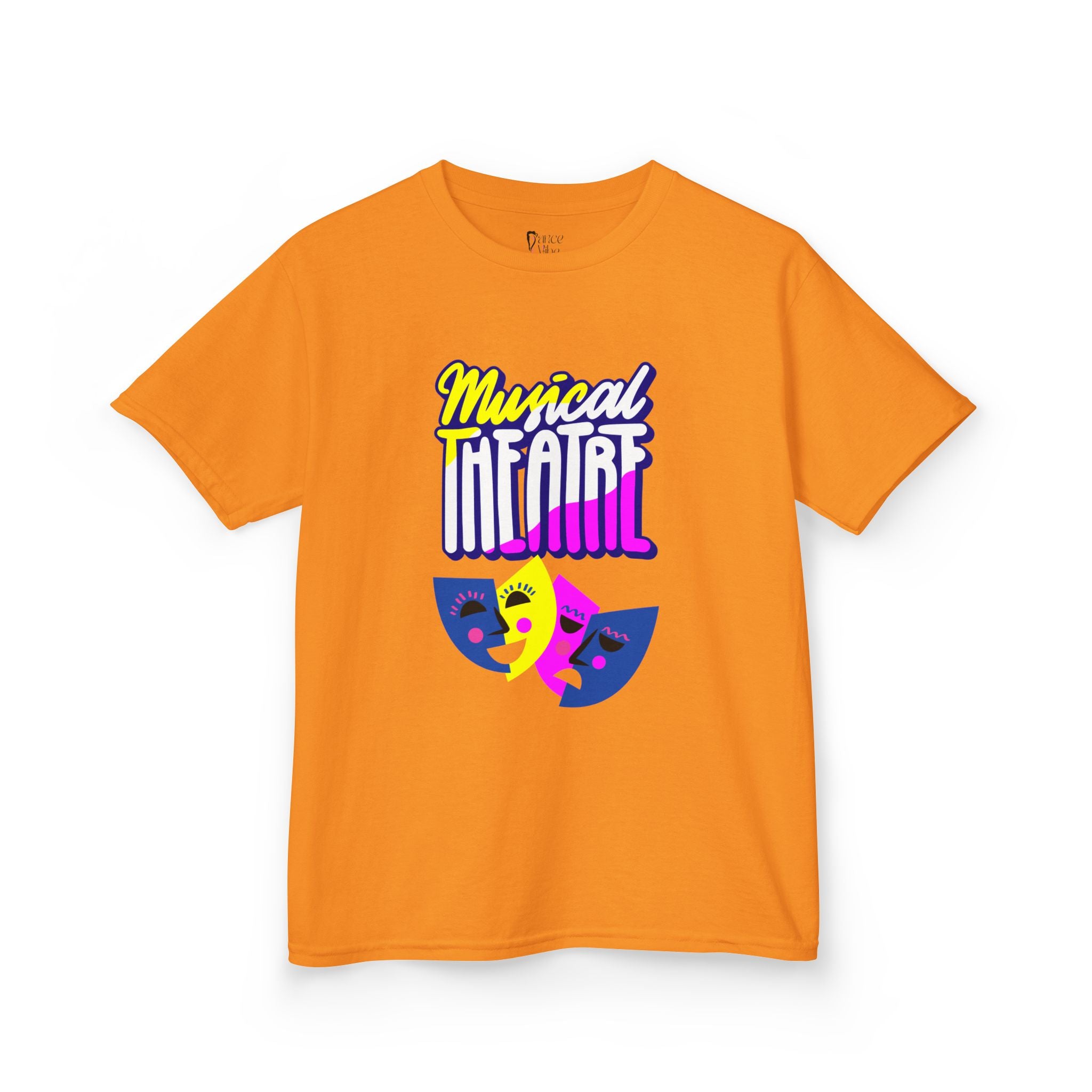Front view of a youth Gildan 5000B heavy cotton t-shirt in tennessee orange with a Musical Theater rainbow mask graphic
