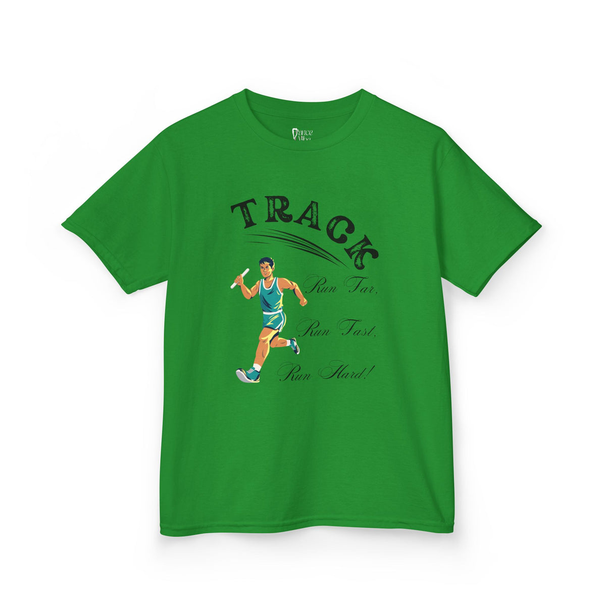 Front view of a youth Gildan 5000B heavy cotton t-shirt in irish green showing a boy running Track