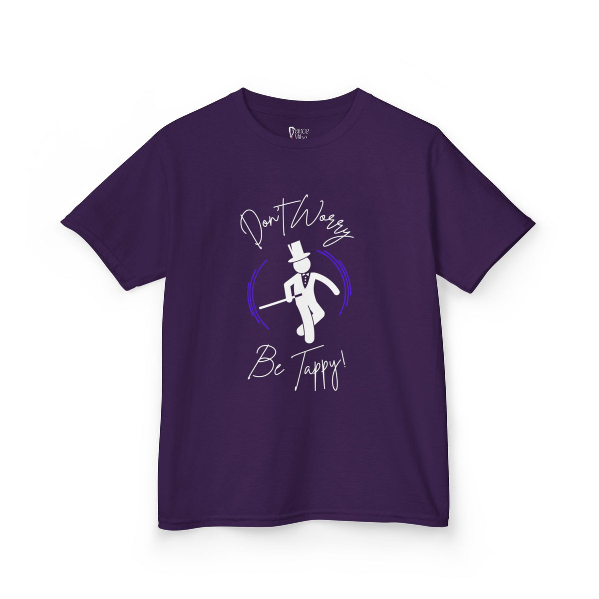 Front view of a youth Gildan 5000B heavy cotton t-shirt in purple with a Don't Worry Be Tappy Tap theme