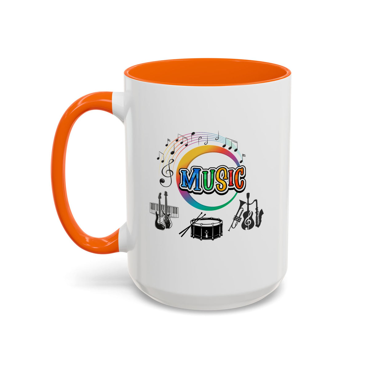 15oz white ceramic Music Instrument mug with orange handle and interior Left handed view