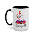 15oz white ceramic I Love Music mug with black handle and interior Left handed view