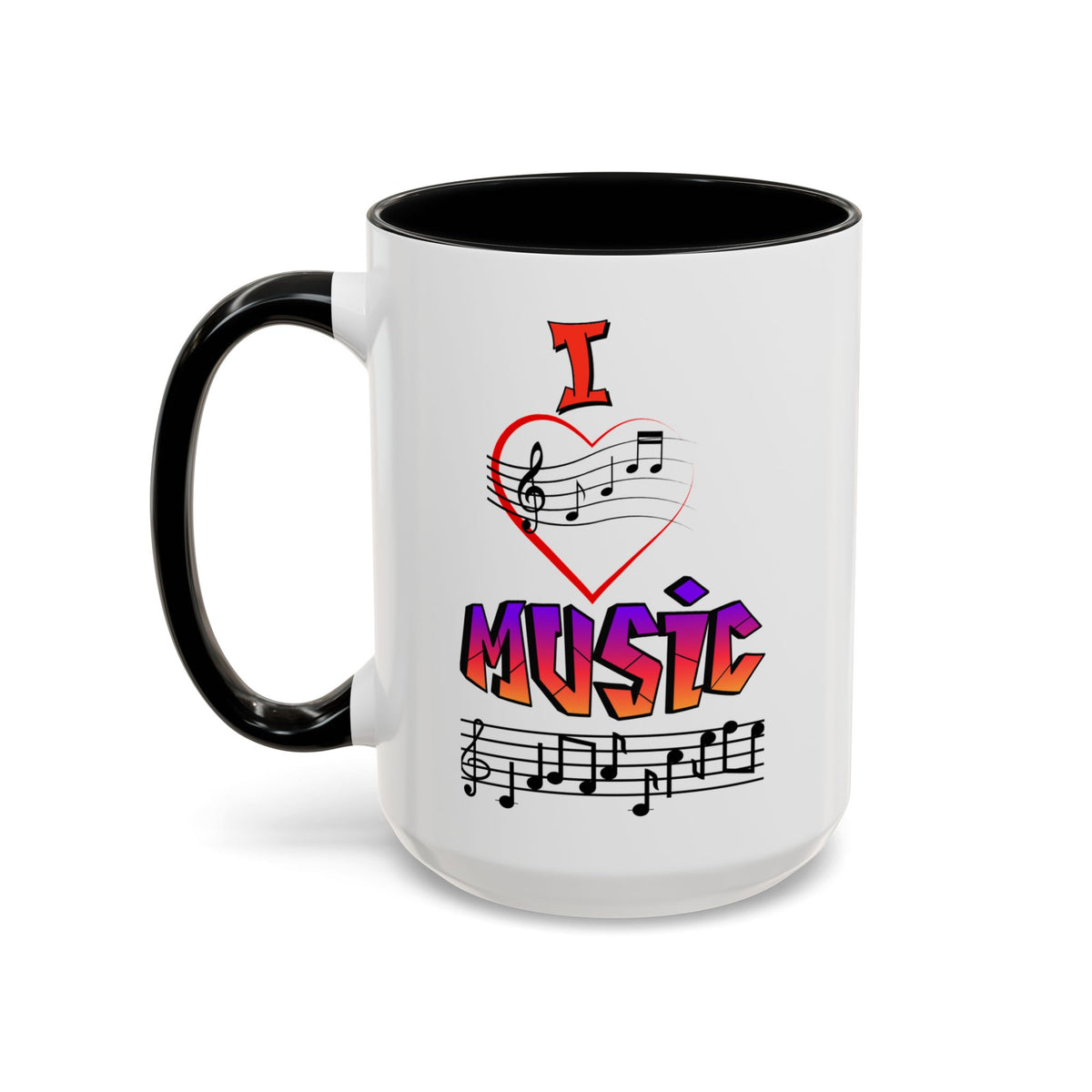 15oz white ceramic I Love Music mug with black handle and interior Left handed view
