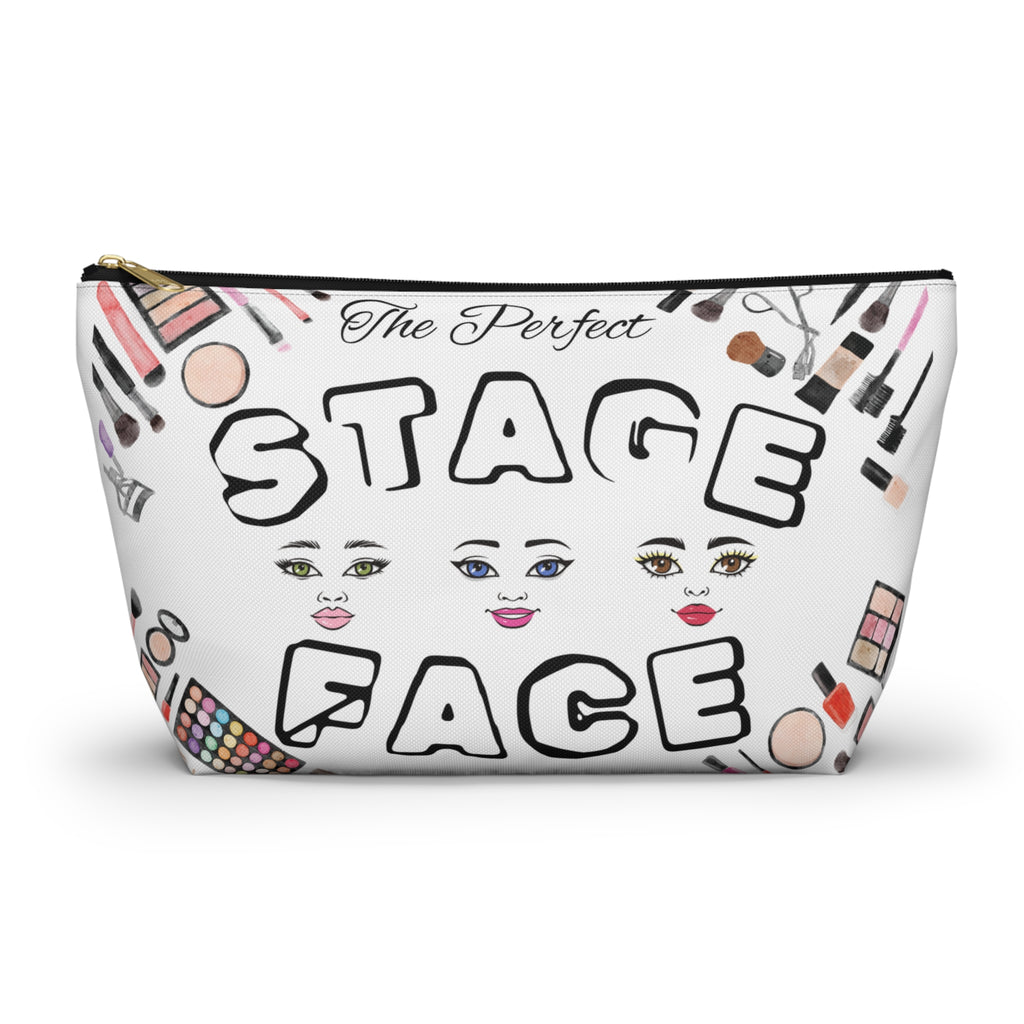 Makeup bag with The Perfect Stage Face text and makeup illustrations on a white background black zipper