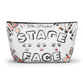 Makeup bag with The Perfect Stage Face text and makeup illustrations on a white background black zipper