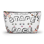 Makeup bag with The Perfect Stage Face text and makeup illustrations on a white background black zipper