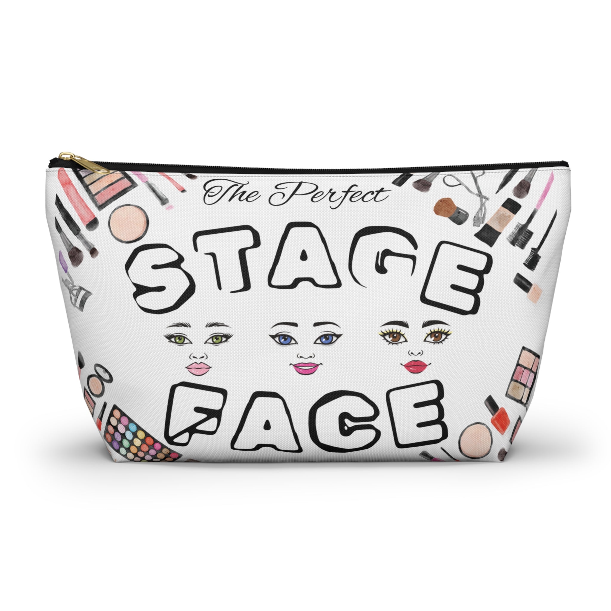 Makeup bag with The Perfect Stage Face text and makeup illustrations on a white background black zipper