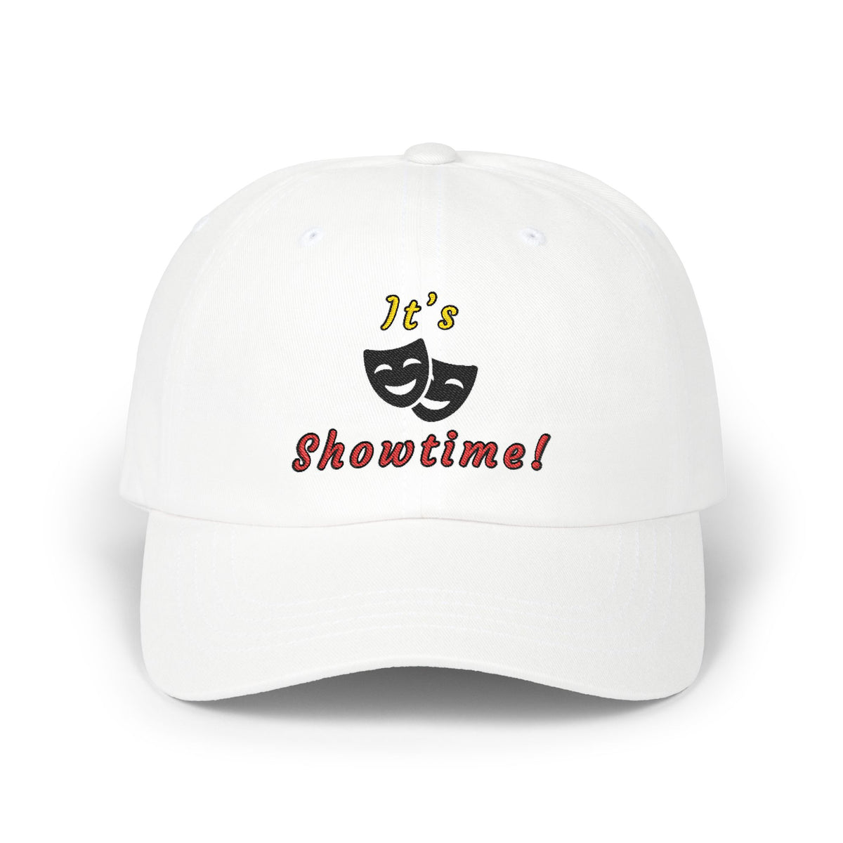White embroidered classic dad cap hat with an It's Showtime text and graphic Front view