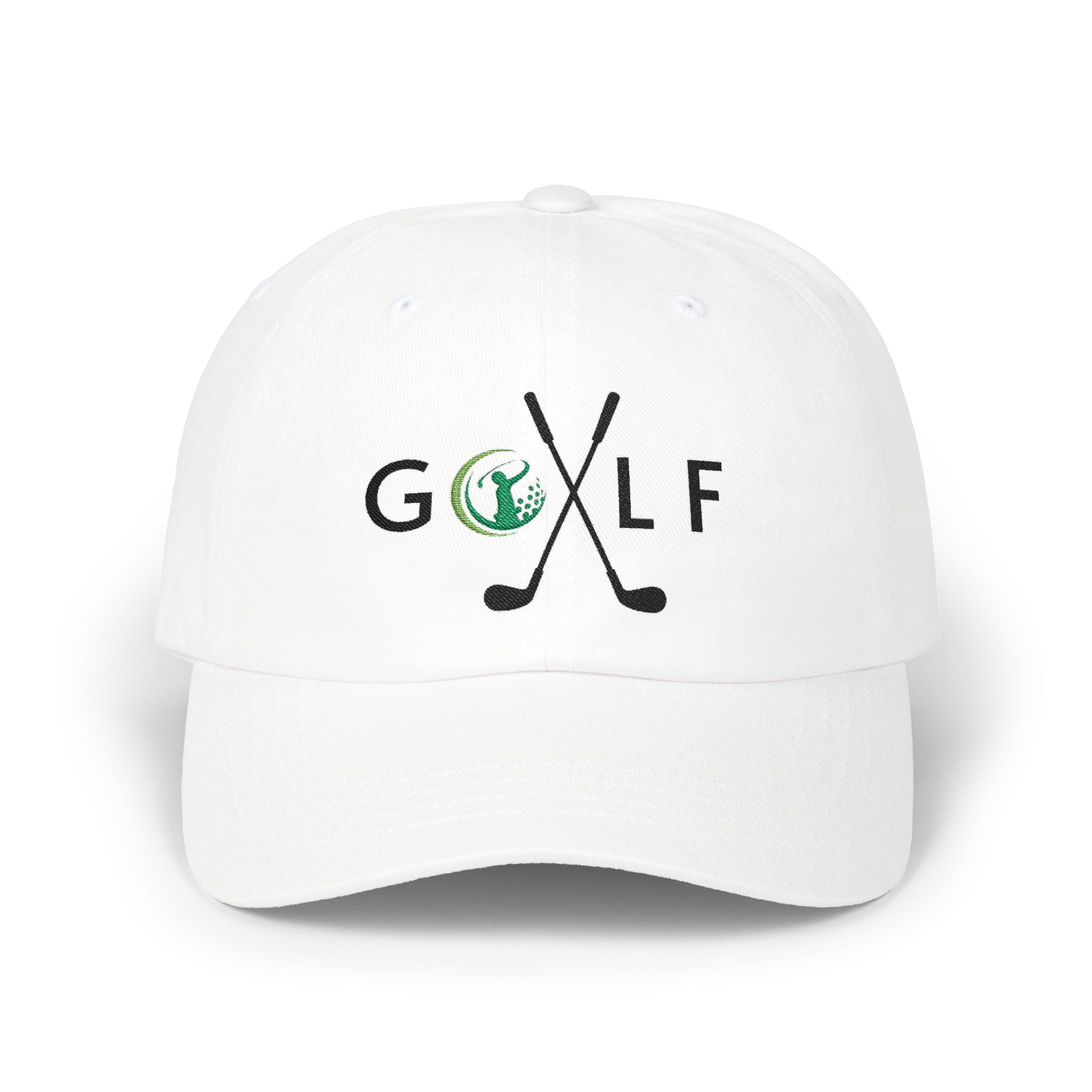 White embroidered classic dad cap hat with a Golf text and graphic Front view