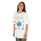 Young girl wearing a youth Gildan 5000B heavy cotton t-shirt in white with an International Dance Day theme 