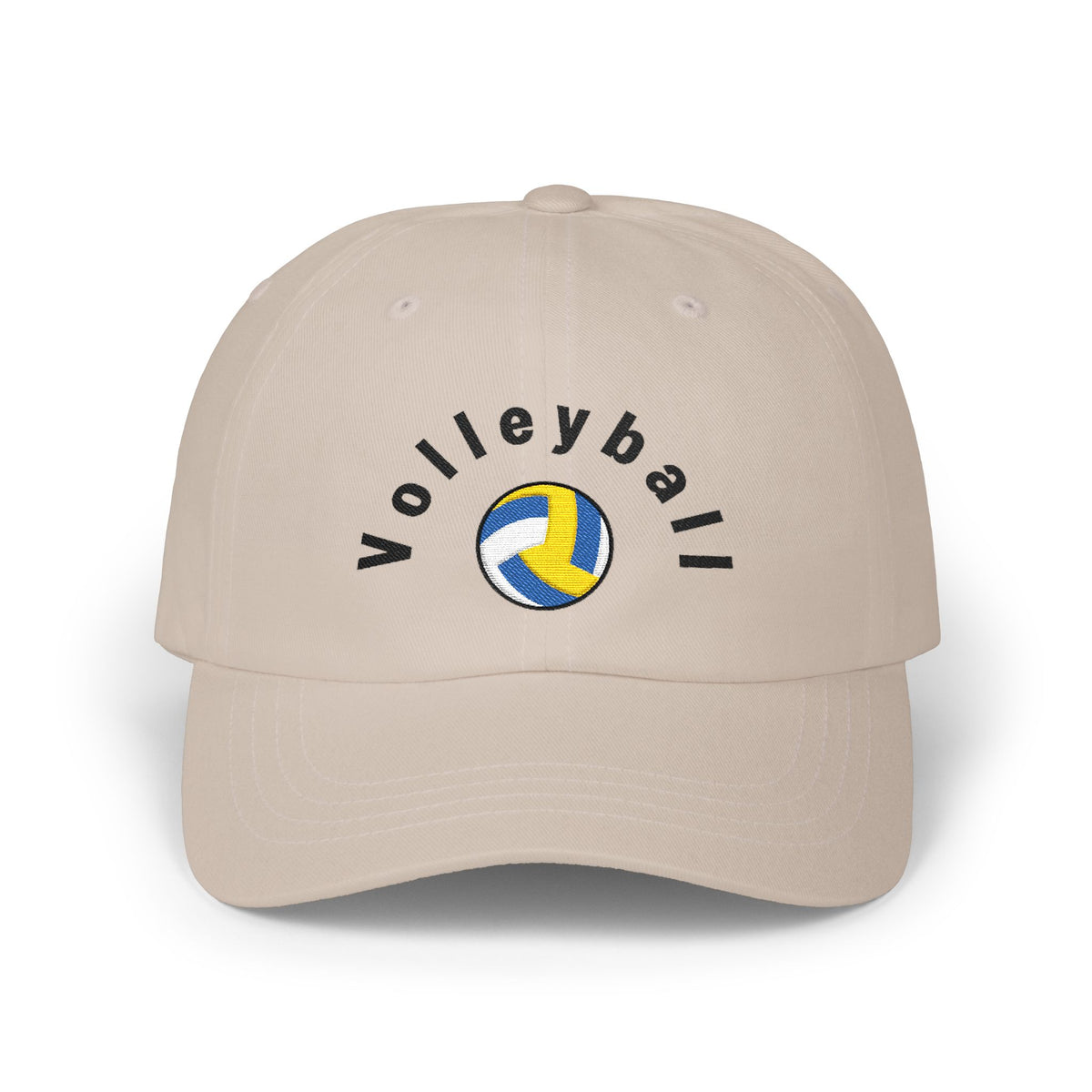 Stone embroidered classic dad cap hat with a Volleyball text and graphic Front view
