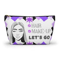 Hair Make up Let's go themed travel pouch with geometric design and face illustration on a white background with black zipper