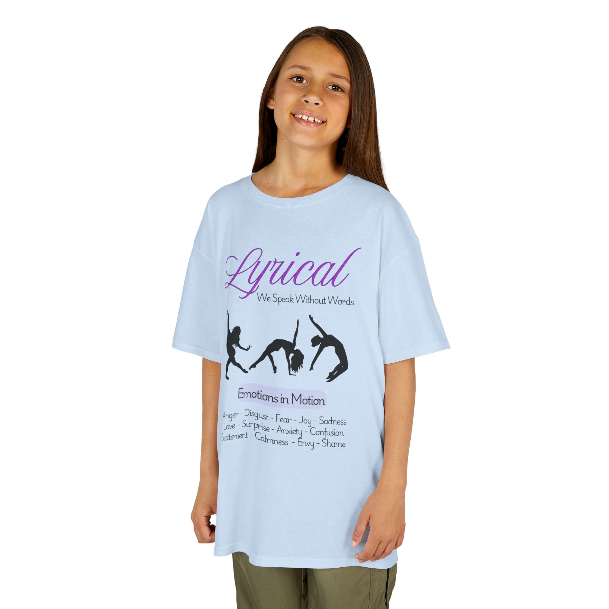 Young girl wearing a youth Gildan 5000B heavy cotton t-shirt in light blue with a Lyrical Dance graphic and text