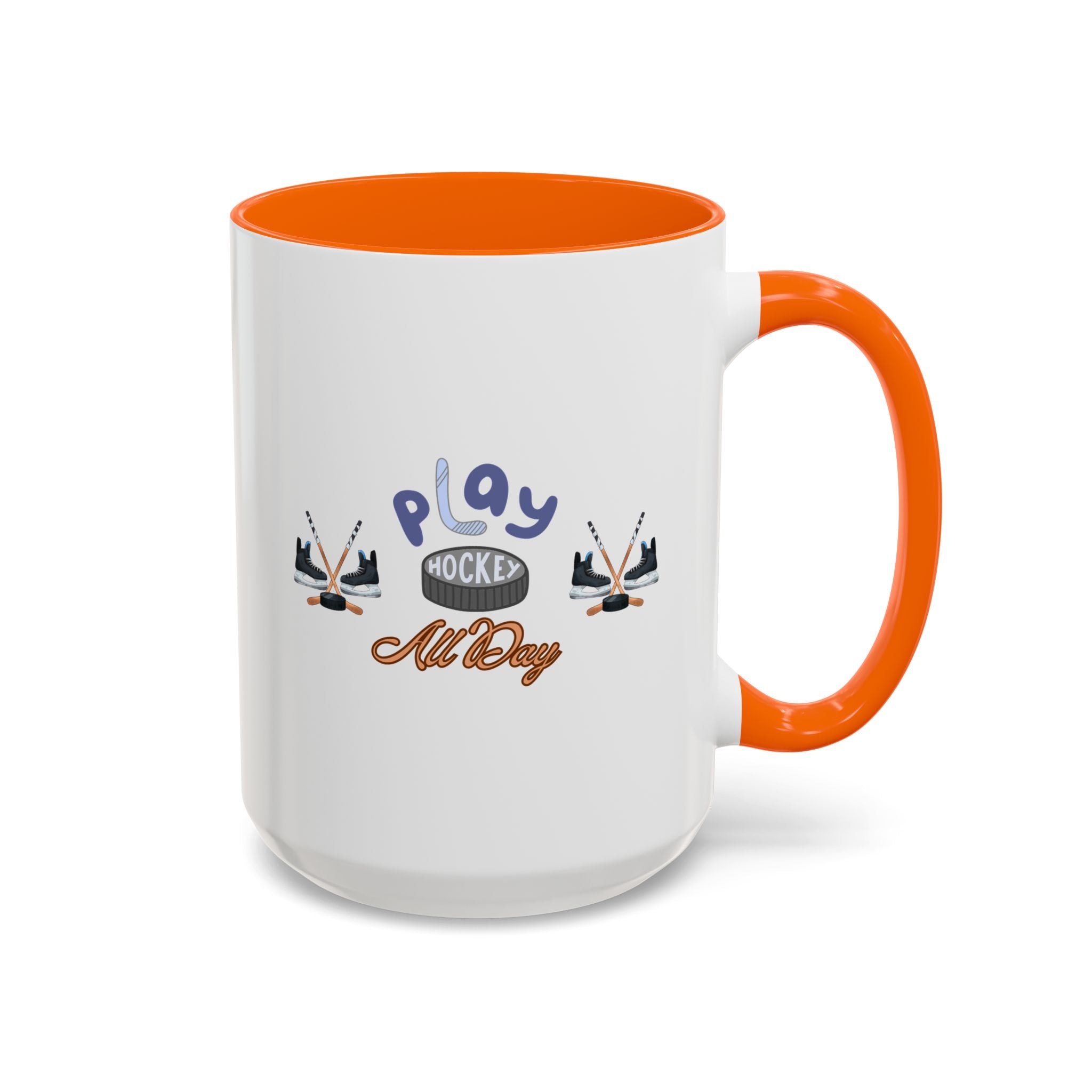 15oz white ceramic Ice Hockey Play All Day mug with orange handle and interior Right handed view