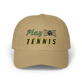 Khaki embroidered classic dad cap hat with a Play Tennis text and graphic Front view
